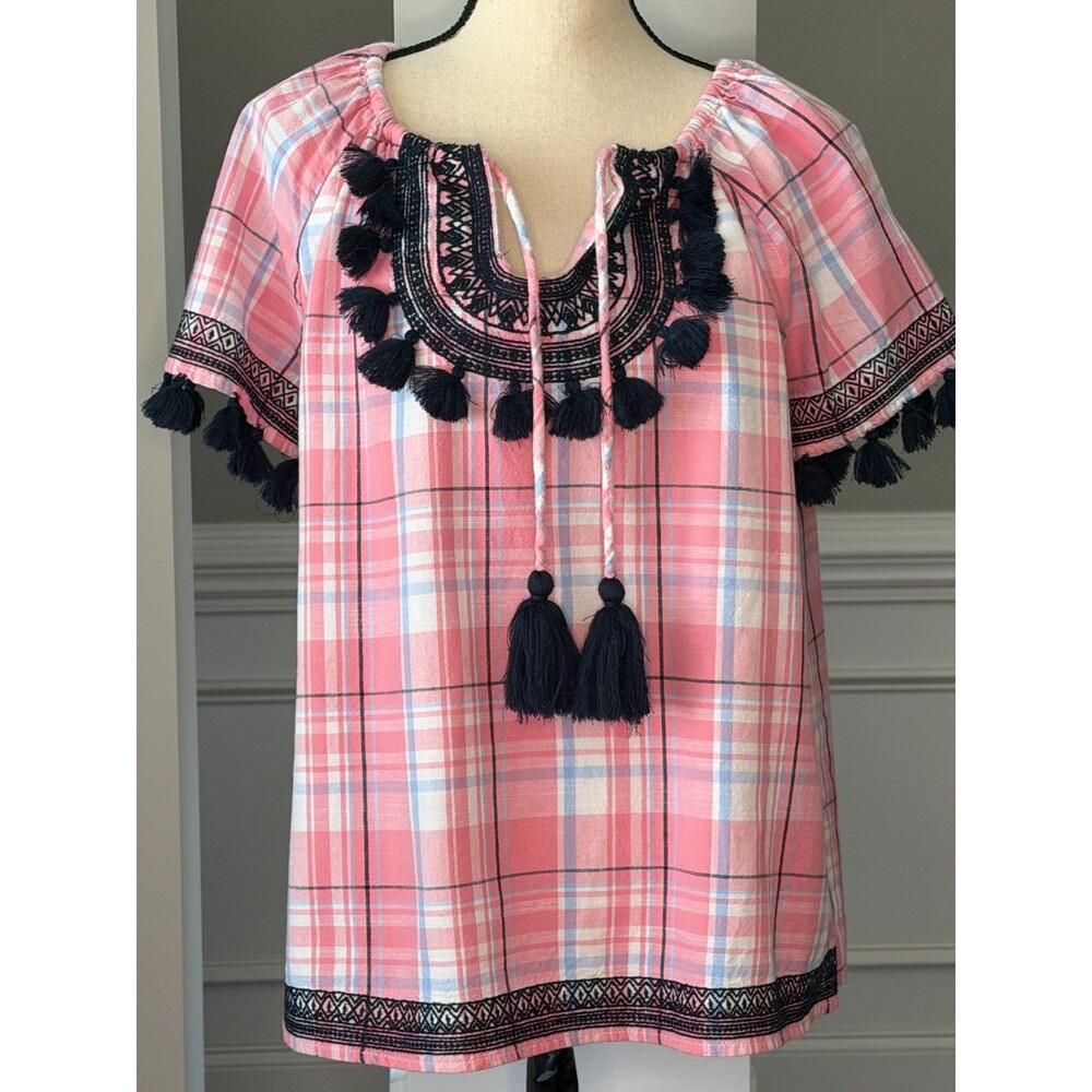 Crown & Ivy Short Sleeve Pink Plaid Cotton Top w/Embroidery and Tassels Sz M